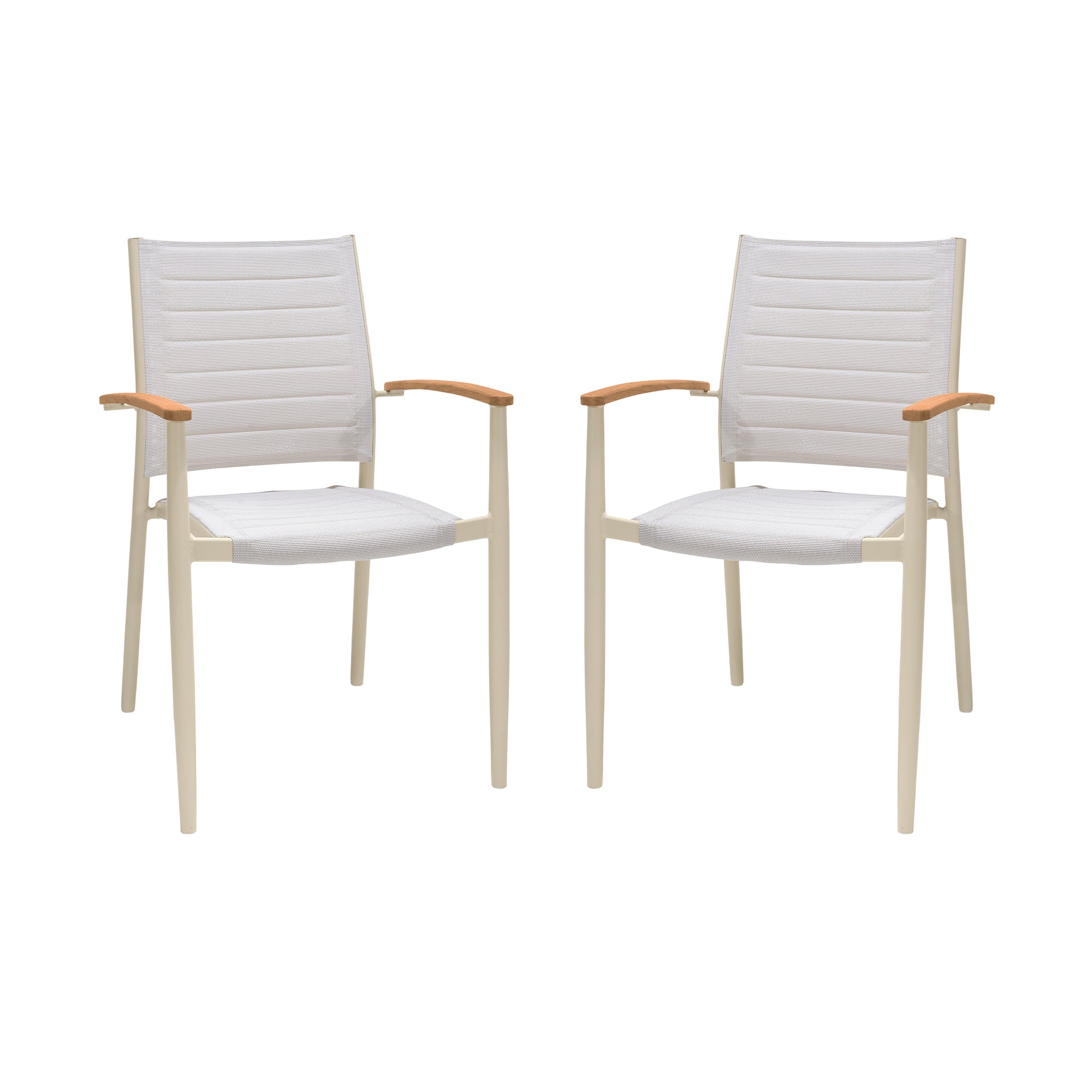 Portals Outdoor Coral Sand Aluminum Stacking Dining Chair with Teak Arms - Set of 2 By Armen Living | Outdoor Chairs | Modishstore - 2
