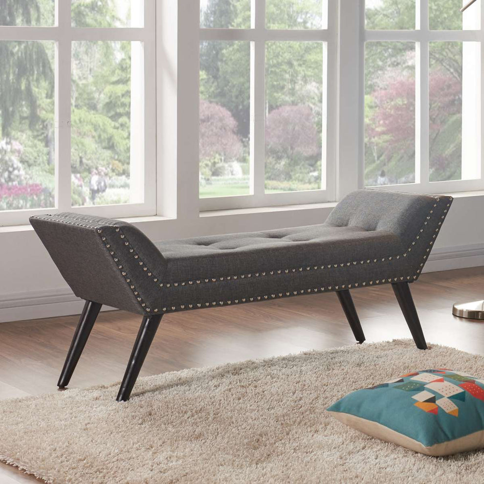 Porter Ottoman Bench in Charcoal Fabric with Nailhead Trim and Espresso Wood Legs By Armen Living | Benches | Modishstore