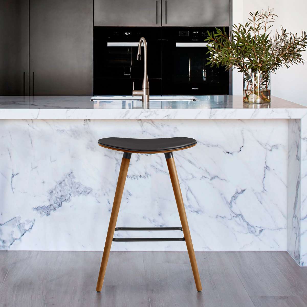 Piper 26" Counter Height Backless Bar Stool in Gray Faux Leather and Black Wood By Armen Living | Bar Stools | Modishstore - 6