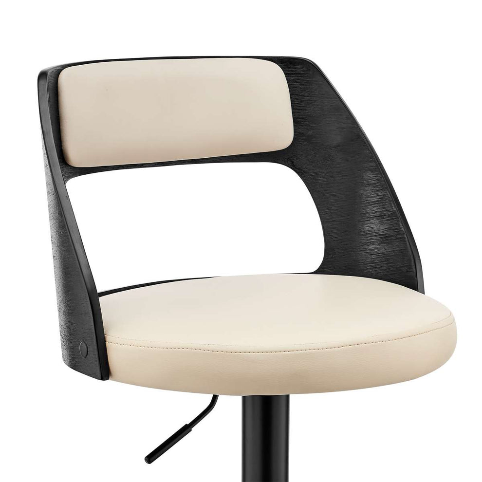 Paulo Adjustable Swivel Cream Faux Leather and Black Wood Bar Stool with Black Base By Armen Living | Bar Stools | Modishstore - 6