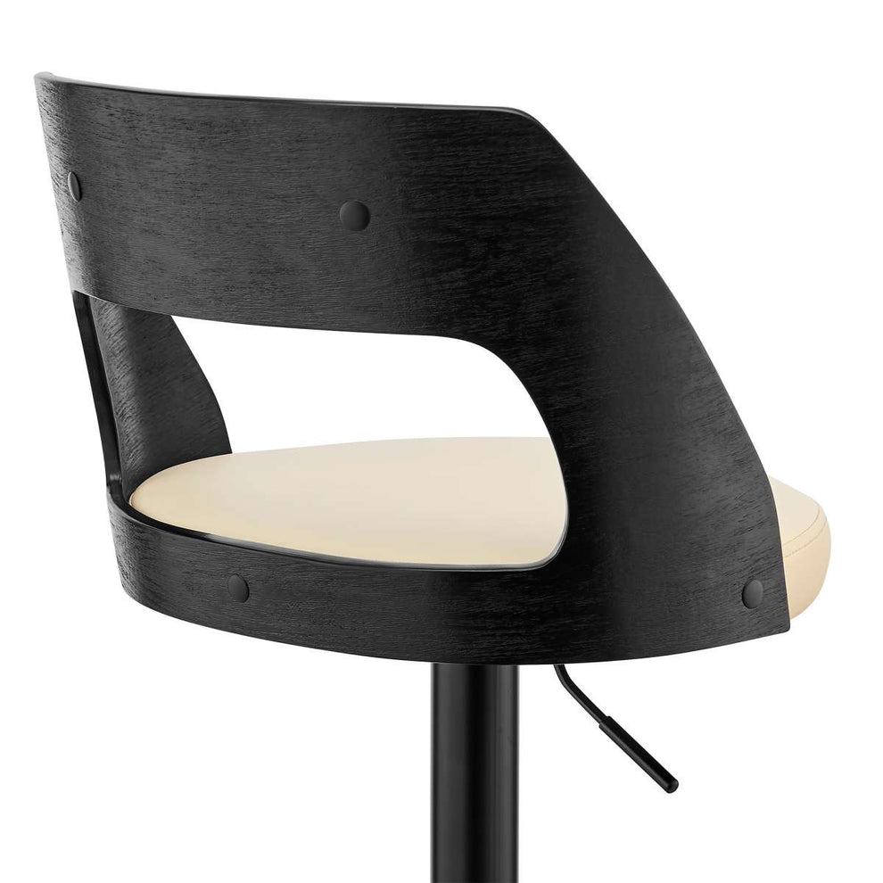 Paulo Adjustable Swivel Cream Faux Leather and Black Wood Bar Stool with Black Base By Armen Living | Bar Stools | Modishstore - 7