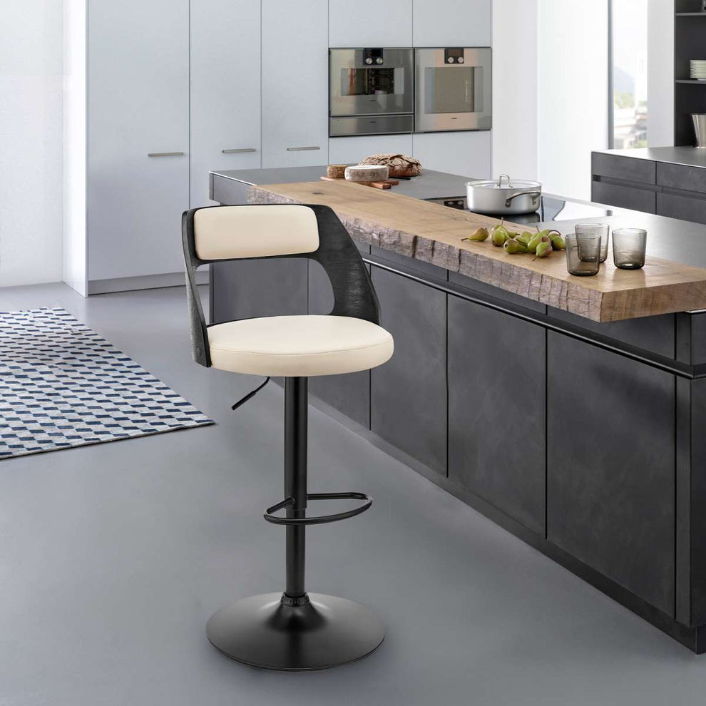 Paulo Adjustable Swivel Cream Faux Leather and Black Wood Bar Stool with Black Base By Armen Living | Bar Stools | Modishstore