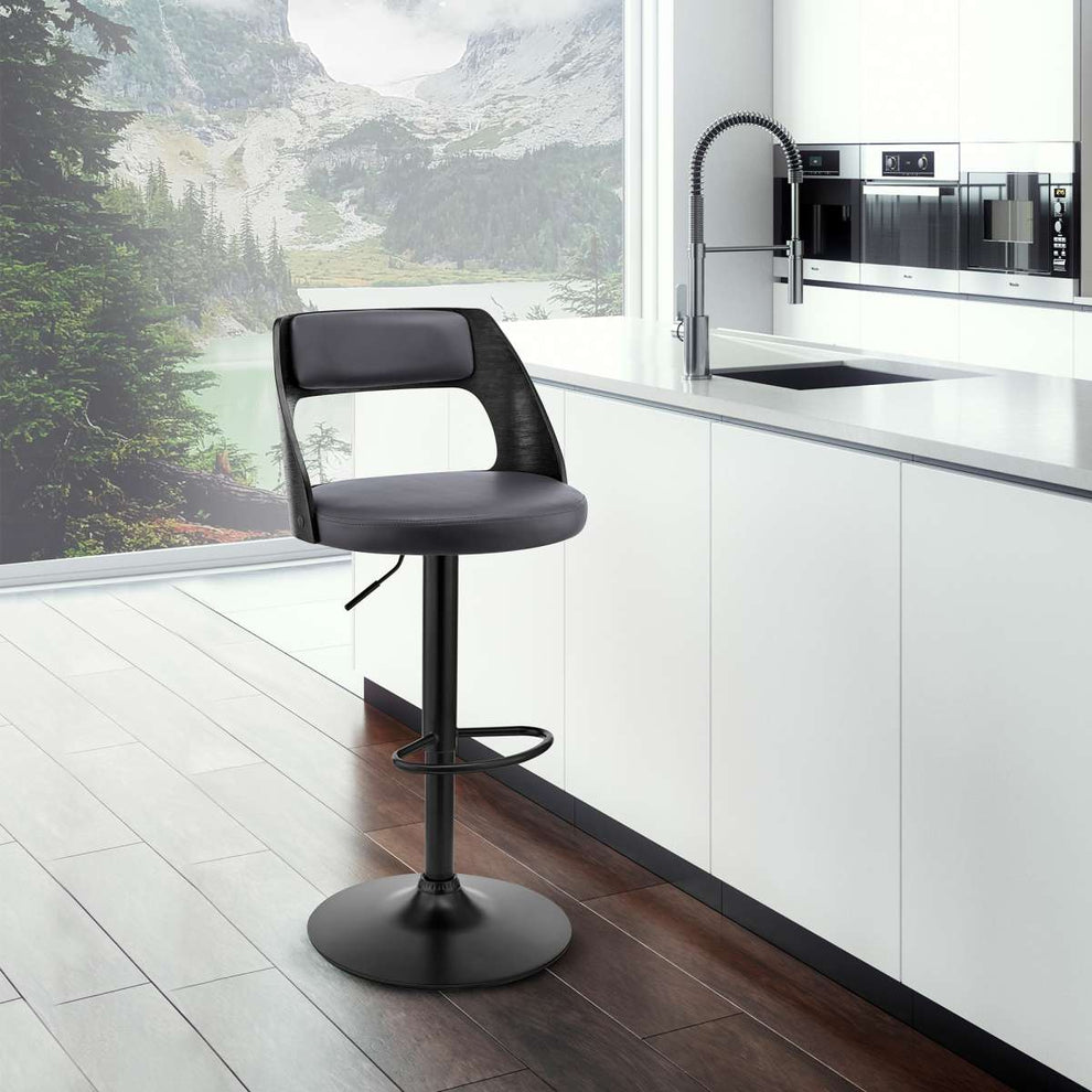Paulo Adjustable Swivel Cream Faux Leather and Black Wood Bar Stool with Black Base By Armen Living | Bar Stools | Modishstore - 9