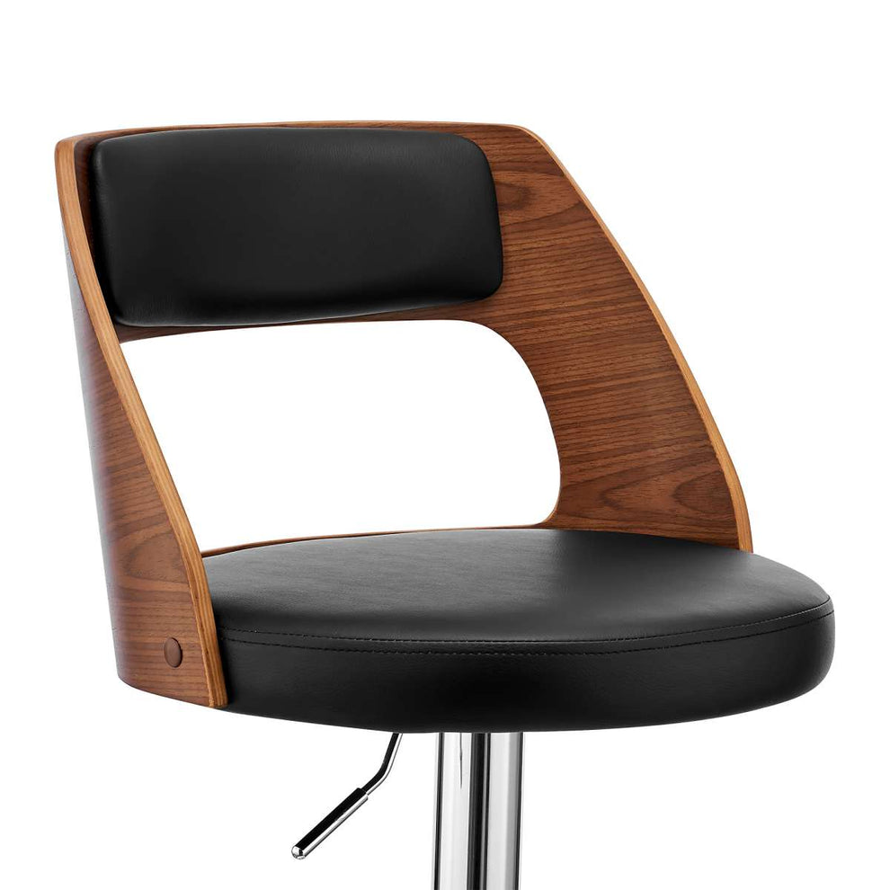 Paulo Adjustable Swivel Black Faux Leather and Walnut Wood Bar Stool with Chrome Base By Armen Living | Bar Stools | Modishstore - 6