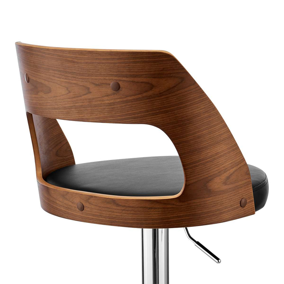 Paulo Adjustable Swivel Black Faux Leather and Walnut Wood Bar Stool with Chrome Base By Armen Living | Bar Stools | Modishstore - 7