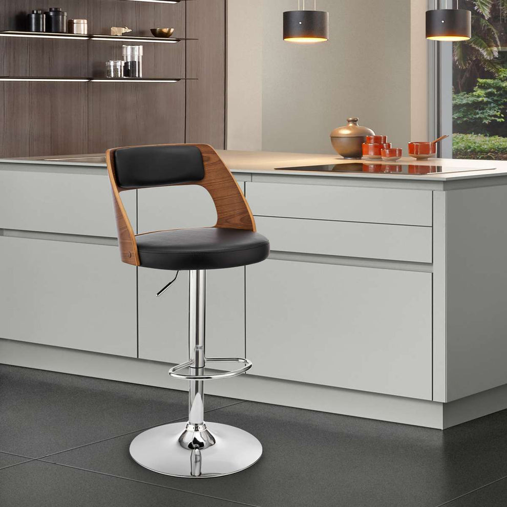 Paulo Adjustable Swivel Black Faux Leather and Walnut Wood Bar Stool with Chrome Base By Armen Living | Bar Stools | Modishstore