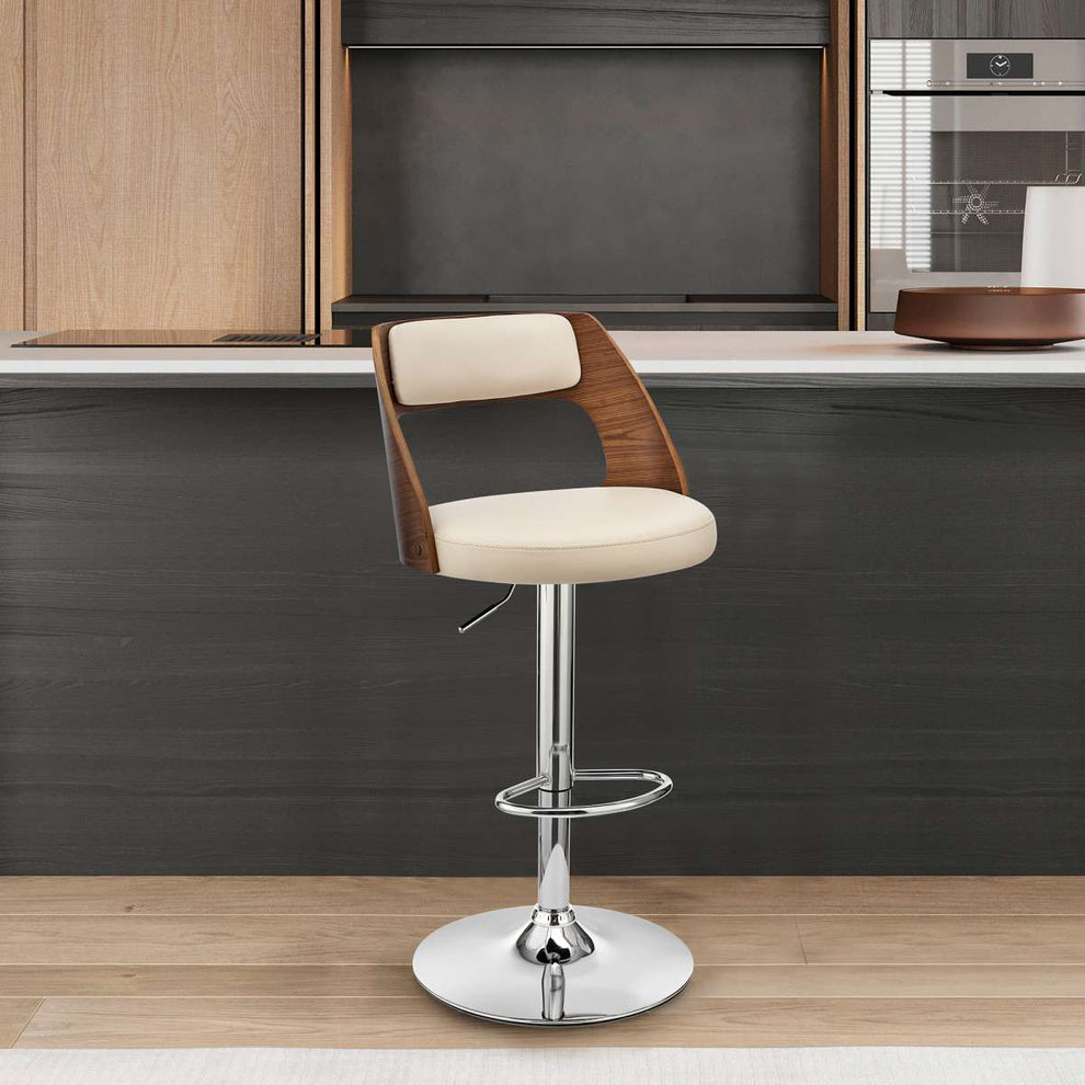 Paulo Adjustable Swivel Black Faux Leather and Walnut Wood Bar Stool with Chrome Base By Armen Living | Bar Stools | Modishstore - 9