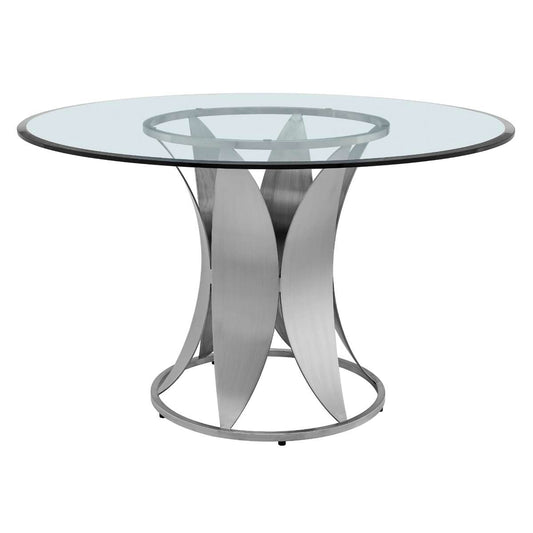 Petal Modern Glass and Stainless Steel Round Pedestal Dining Table By Armen Living | Dining Tables | Modishstore