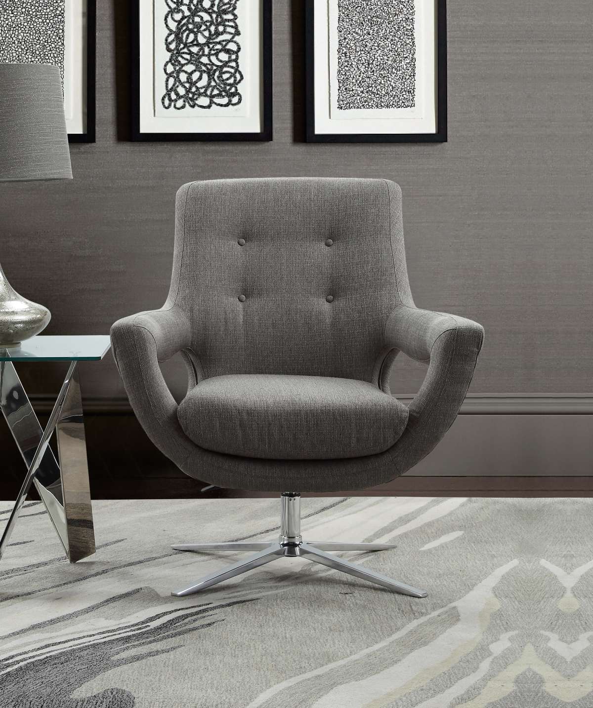 Quinn Contemporary Adjustable Swivel Accent Chair in Polished Chrome Finish with Grey Fabric By Armen Living | Accent Chairs | Modishstore