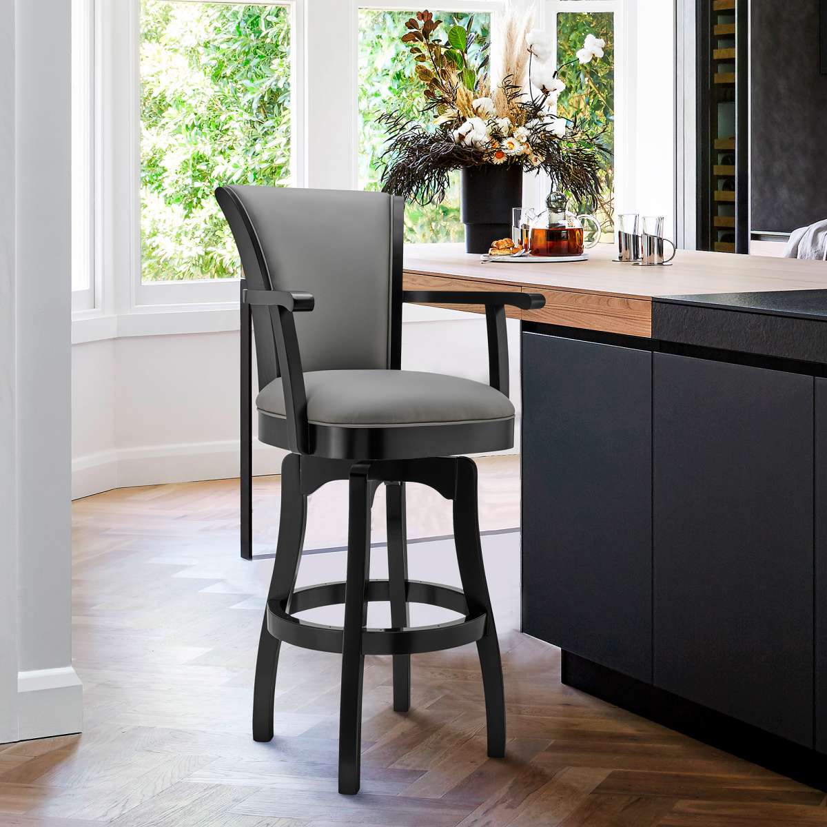 Raleigh 30" Bar Height Swivel Barstool in Black Finish and Gray Faux Leather By Armen Living | Bar Stools | Modishstore