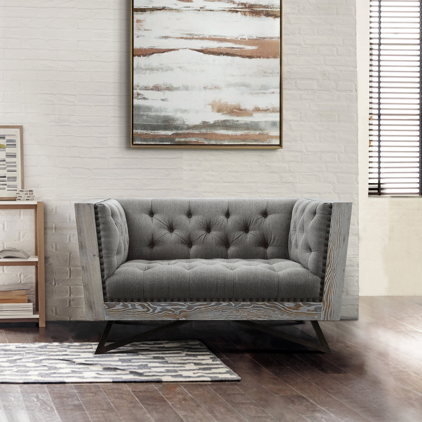 Regis Contemporary Chair in Gray Fabric with Black Metal Finish Legs and Antique Brown Nailhead Accents By Armen Living | Armchairs | Modishstore