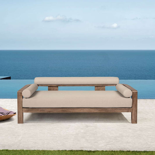 Relic Outdoor Patio Sofa in Weathered Eucalyptus Wood with Taupe Olefin Cushions By Armen Living | Outdoor Sofas, Loveseats & Sectionals | Modishstore