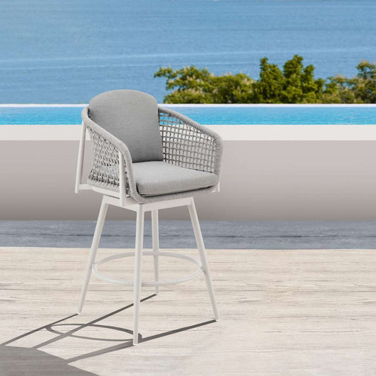 Rhodes Outdoor Patio Swivel Counter Stool in Aluminum with Light Gray Rope and Cushions By Armen Living | Bar Stools | Modishstore