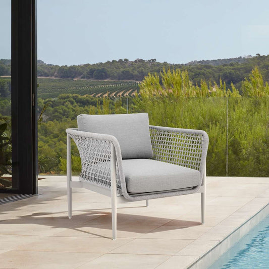Rhodes Outdoor Patio Armchair in Aluminum with Light Gray Rope and Cushions By Armen Living | Outdoor Chairs | Modishstore