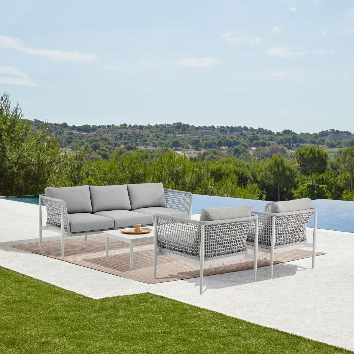 Rhodes Outdoor Patio Sofa in Aluminum with Light Gray Rope and Cushions By Armen Living | Outdoor Sofas, Loveseats & Sectionals | Modishstore - 2