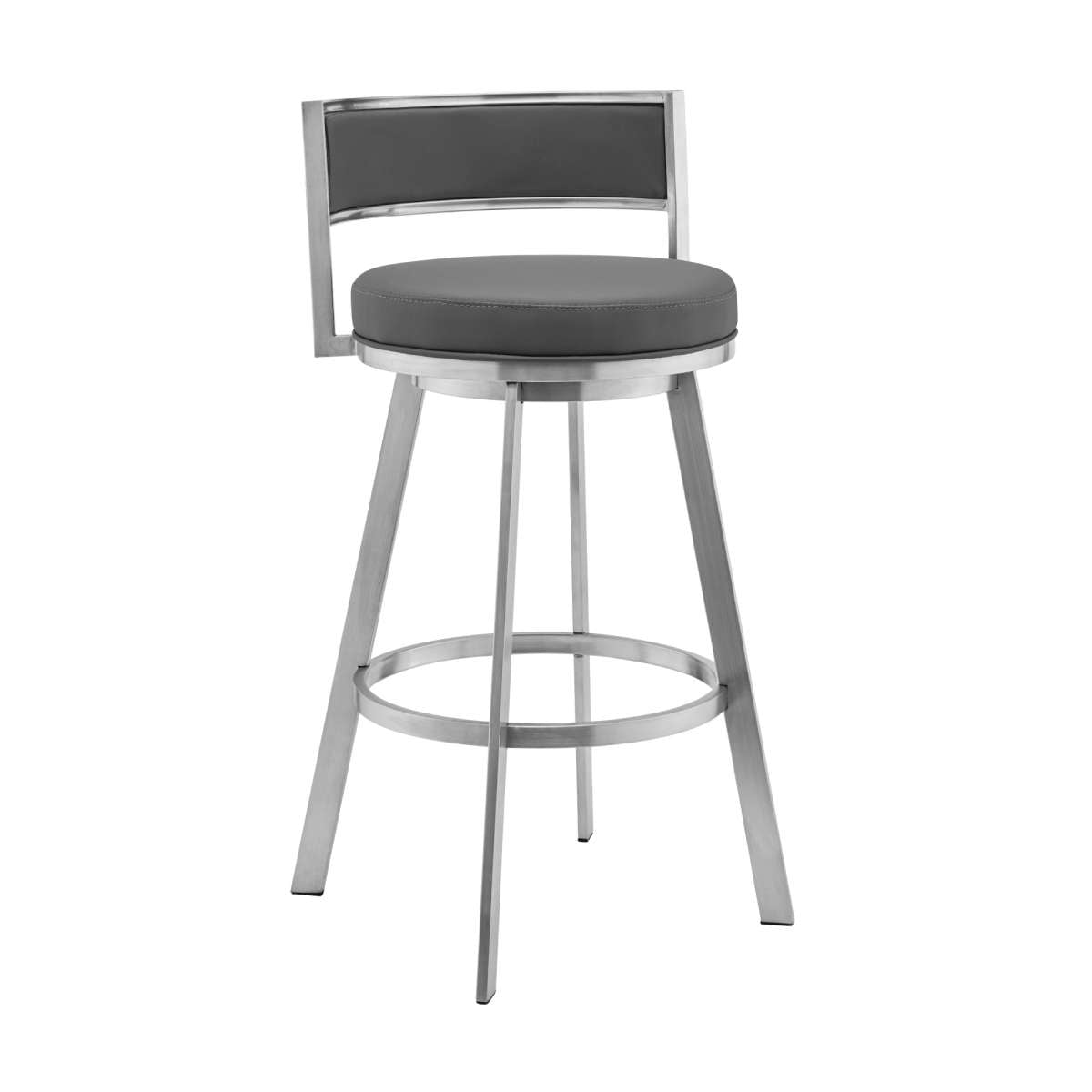 Roman 26" Gray Faux Leather and Brushed Stainless Steel Swivel Bar Stool By Armen Living | Bar Stools |  Modishstore  - 2