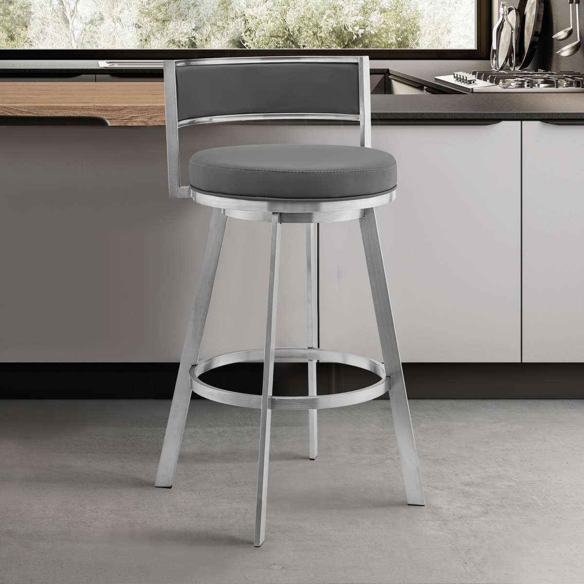 Roman 30" Gray Faux Leather and Brushed Stainless Steel Swivel Bar Stool By Armen Living | Bar Stools |  Modishstore 