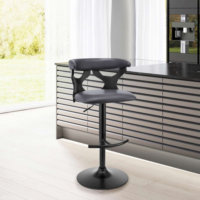 Ruth Adjustable Swivel Grey Faux Leather and Black Wood Bar Stool with Black Base By Armen Living | Bar Stools | Modishstore