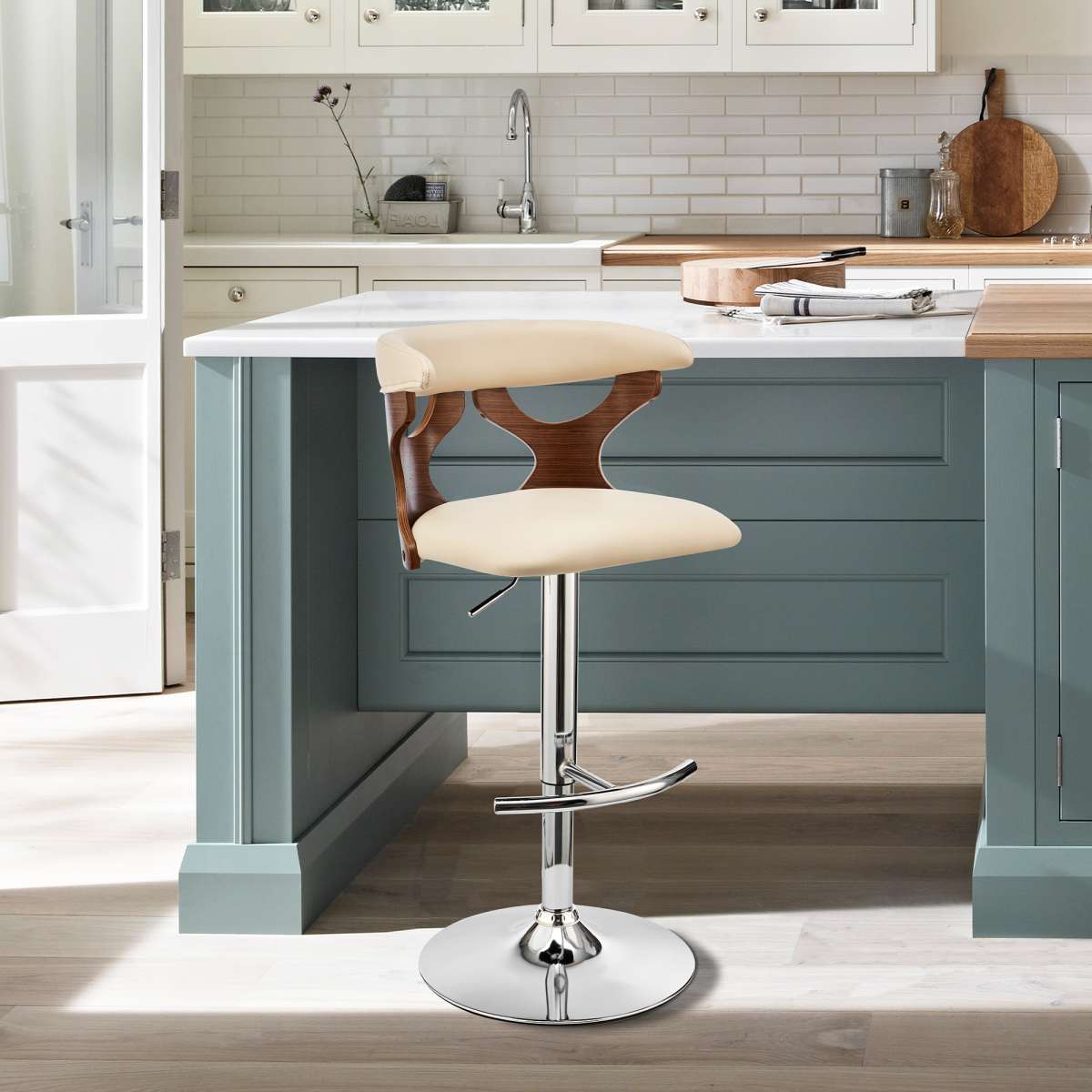 Ruth Adjustable Swivel Cream Faux Leather and Walnut Wood Bar Stool with Chrome Base By Armen Living | Bar Stools | Modishstore