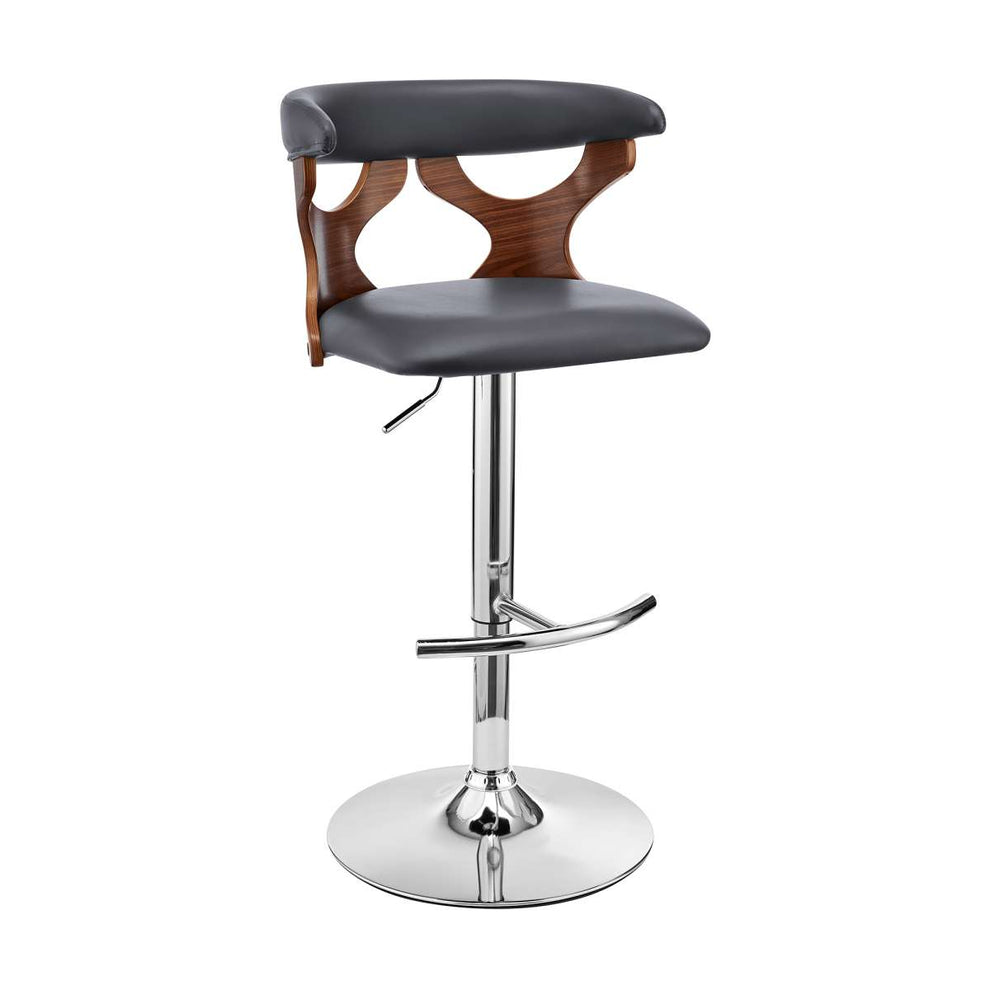 Ruth Adjustable Swivel Grey Faux Leather and Walnut Wood Bar Stool with Chrome Base By Armen Living | Bar Stools | Modishstore - 2