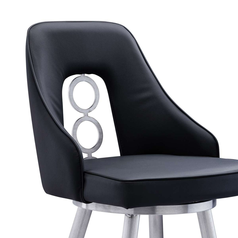Ruby 26" Counter Height Swivel Black Faux Leather and Brushed Stainless Steel Bar Stool By Armen Living | Bar Stools |  Modishstore  - 4