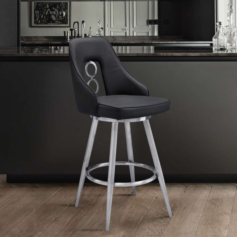 Ruby 26" Counter Height Swivel Black Faux Leather and Brushed Stainless Steel Bar Stool By Armen Living | Bar Stools |  Modishstore 