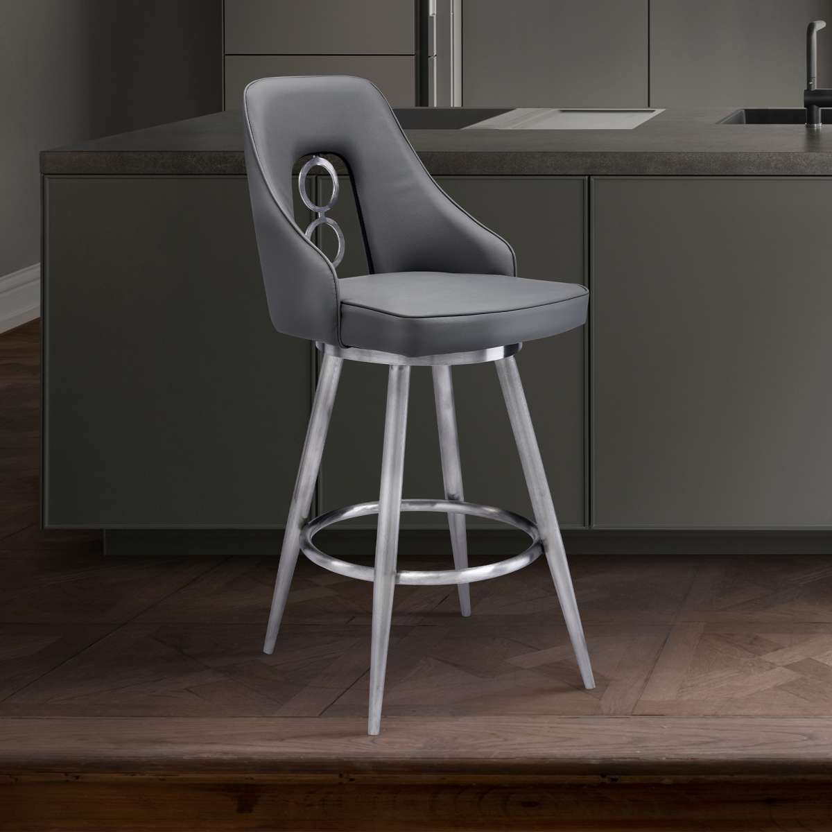 Ruby 26" Counter Height Swivel Grey Faux Leather and Brushed Stainless Steel Bar Stool  By Armen Living | Bar Stools |  Modishstore 