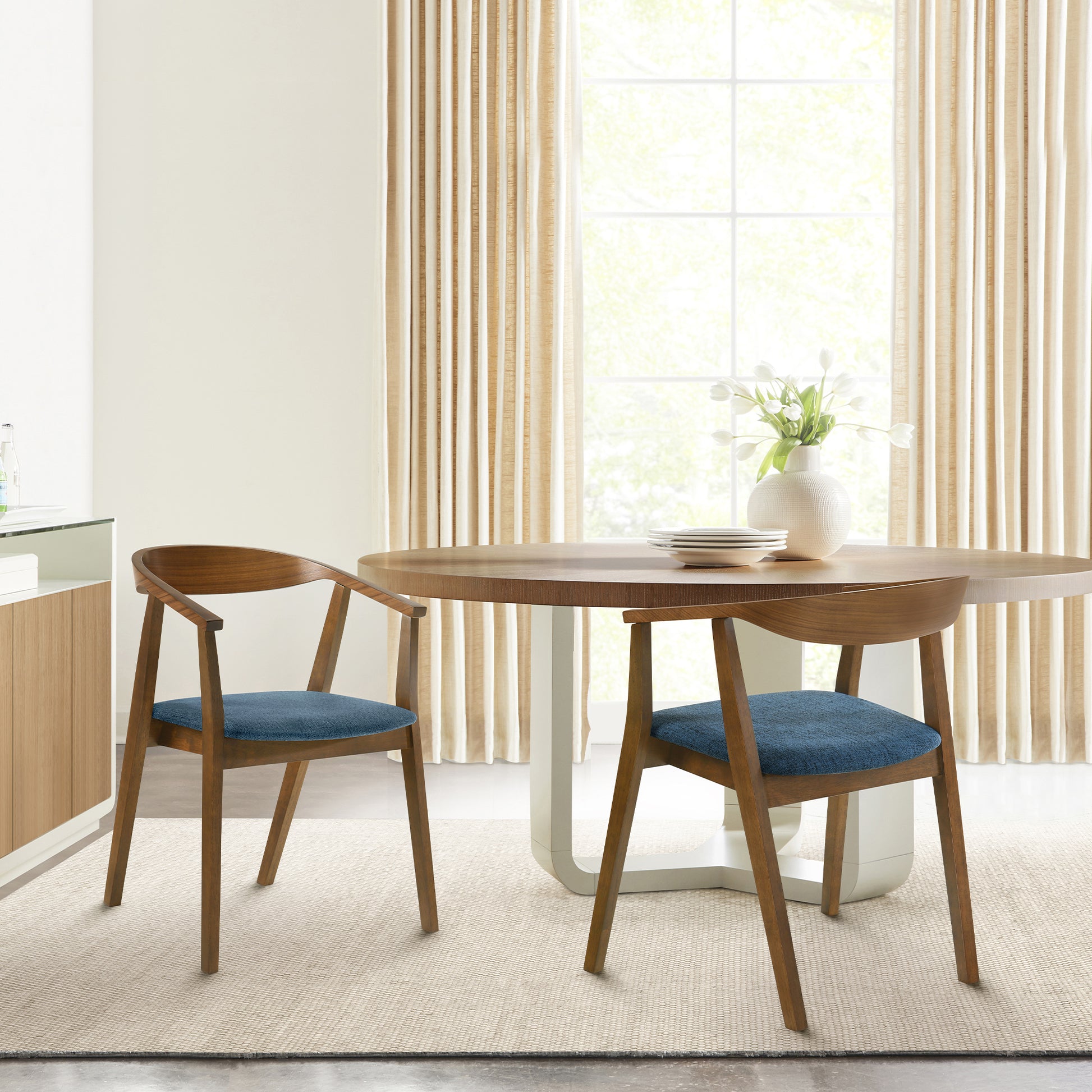 Santana Wood Dining Chair in Walnut Finish with Blue Fabric - Set of 2 By Armen Living | Dining Chairs | Modishstore