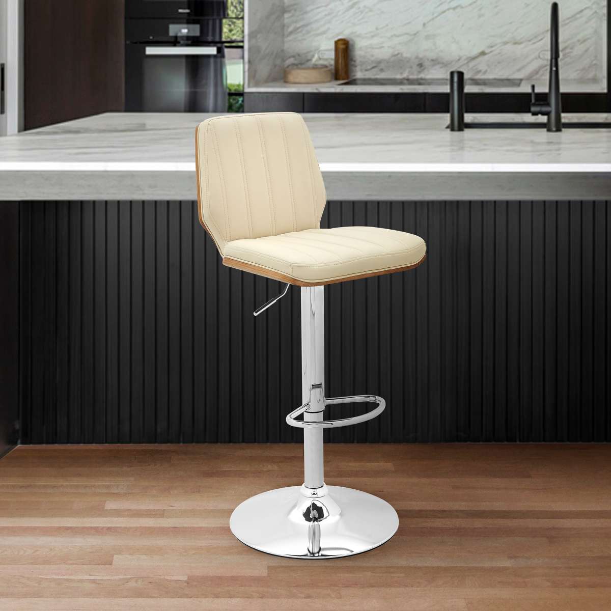 Sabine Adjustable Swivel Cream Faux Leather with Walnut Back and Chrome Bar Stool By Armen Living | Bar Stools |  Modishstore 