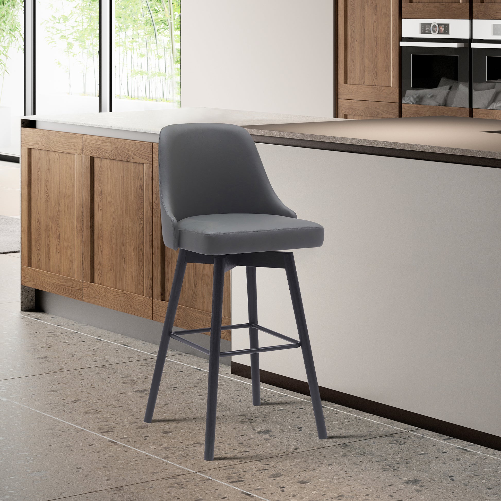 Sicily 26" Swivel Black Wood Counter Stool in Light Grey Fabric By Armen Living | Counter Stools | Modishstore