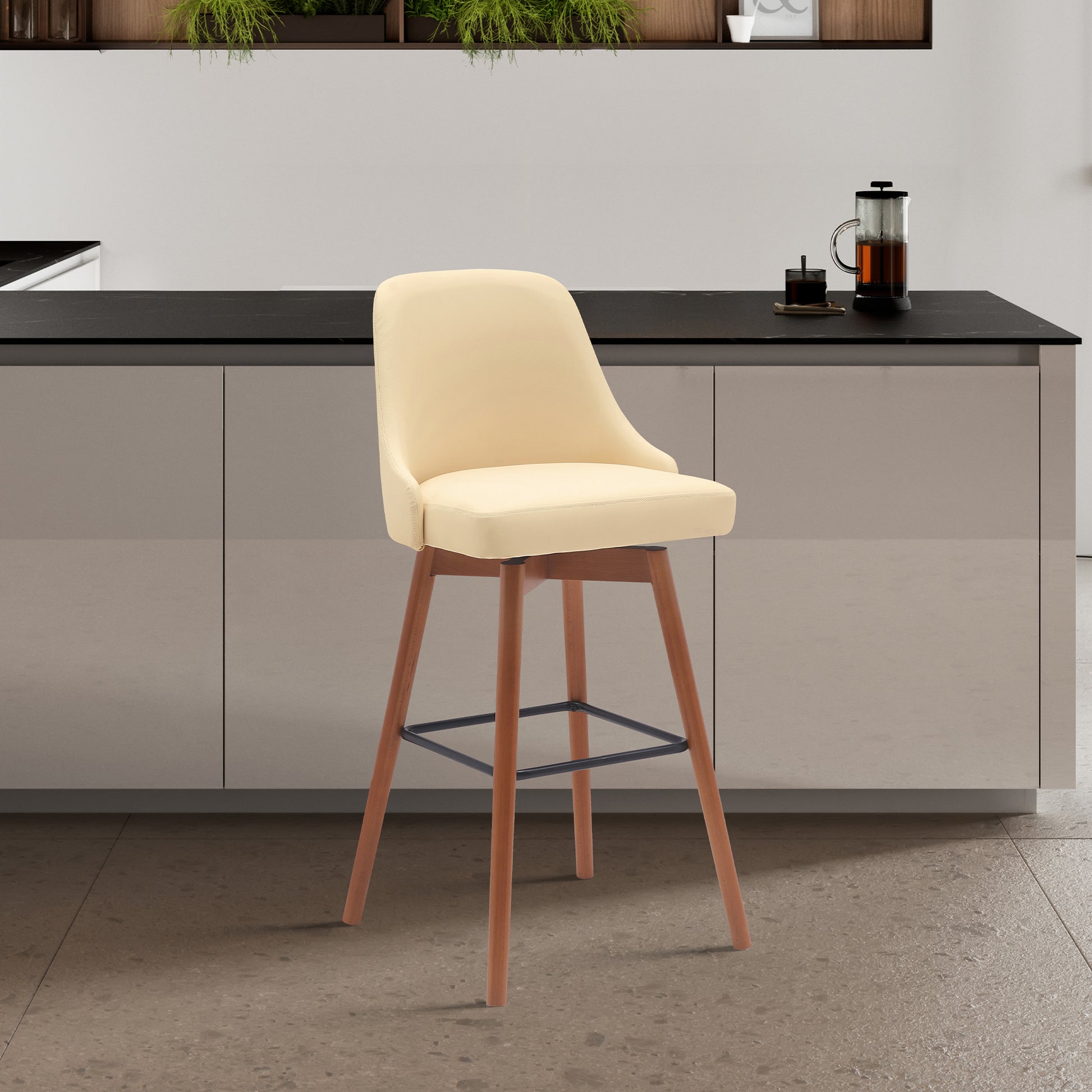 Sicily 30" Swivel Walnut Wood Bar Stool in Cream Faux Leather By Armen Living | Bar Stools | Modishstore