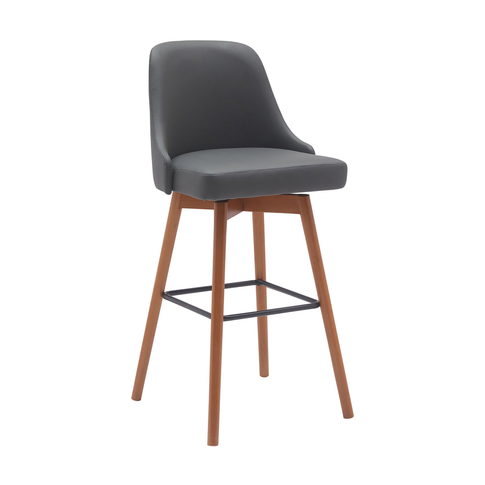 Sicily 30" Swivel Walnut Wood Bar Stool in Gray Faux Leather By Armen Living | Bar Stools | Modishstore - 2