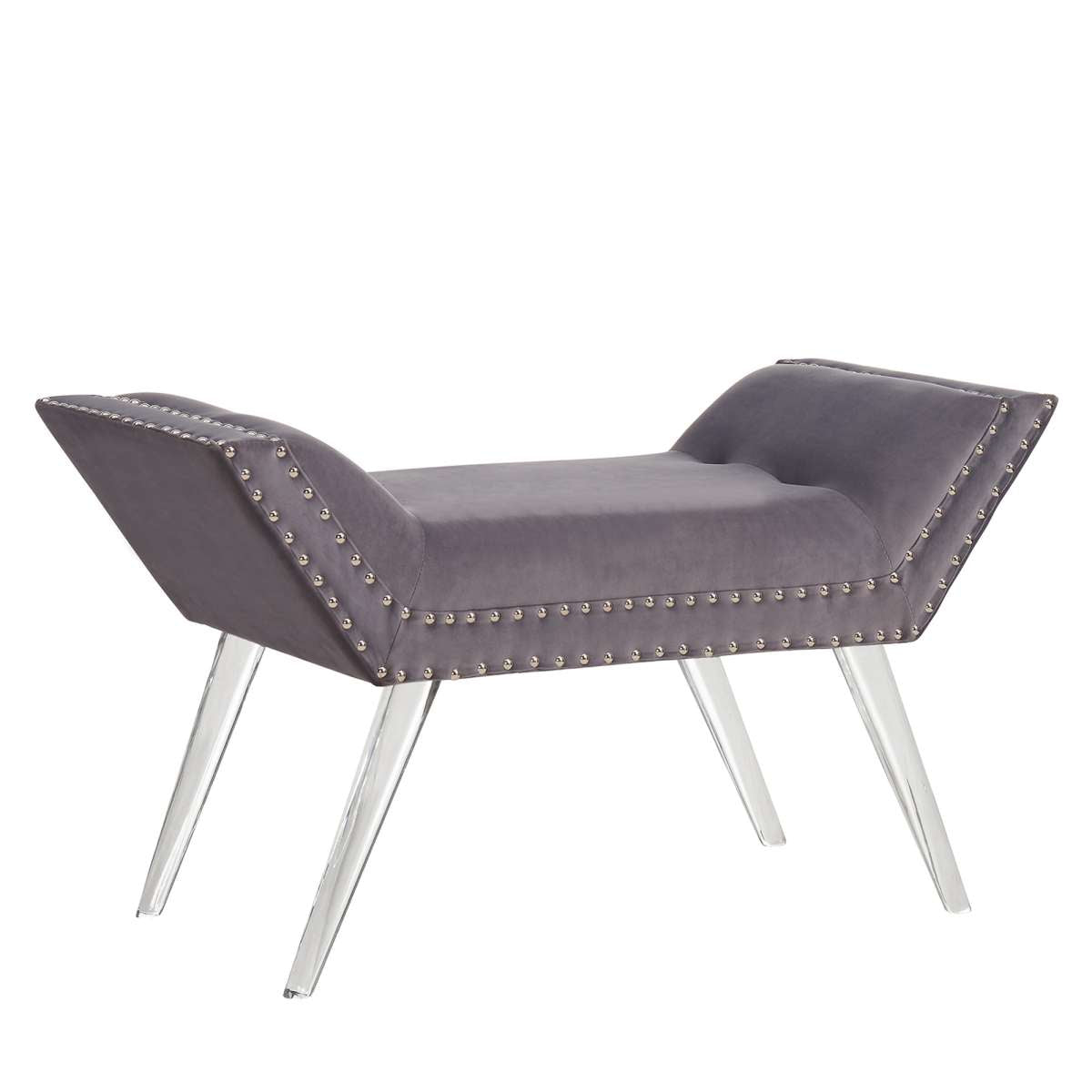 Silas Ottoman Bench in Gray Tufted Velvet with Nailhead Trim and Acrylic Legs By Armen Living | Benches | Modishstore - 2