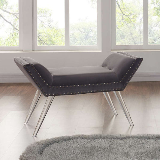 Silas Ottoman Bench in Gray Tufted Velvet with Nailhead Trim and Acrylic Legs By Armen Living | Benches | Modishstore