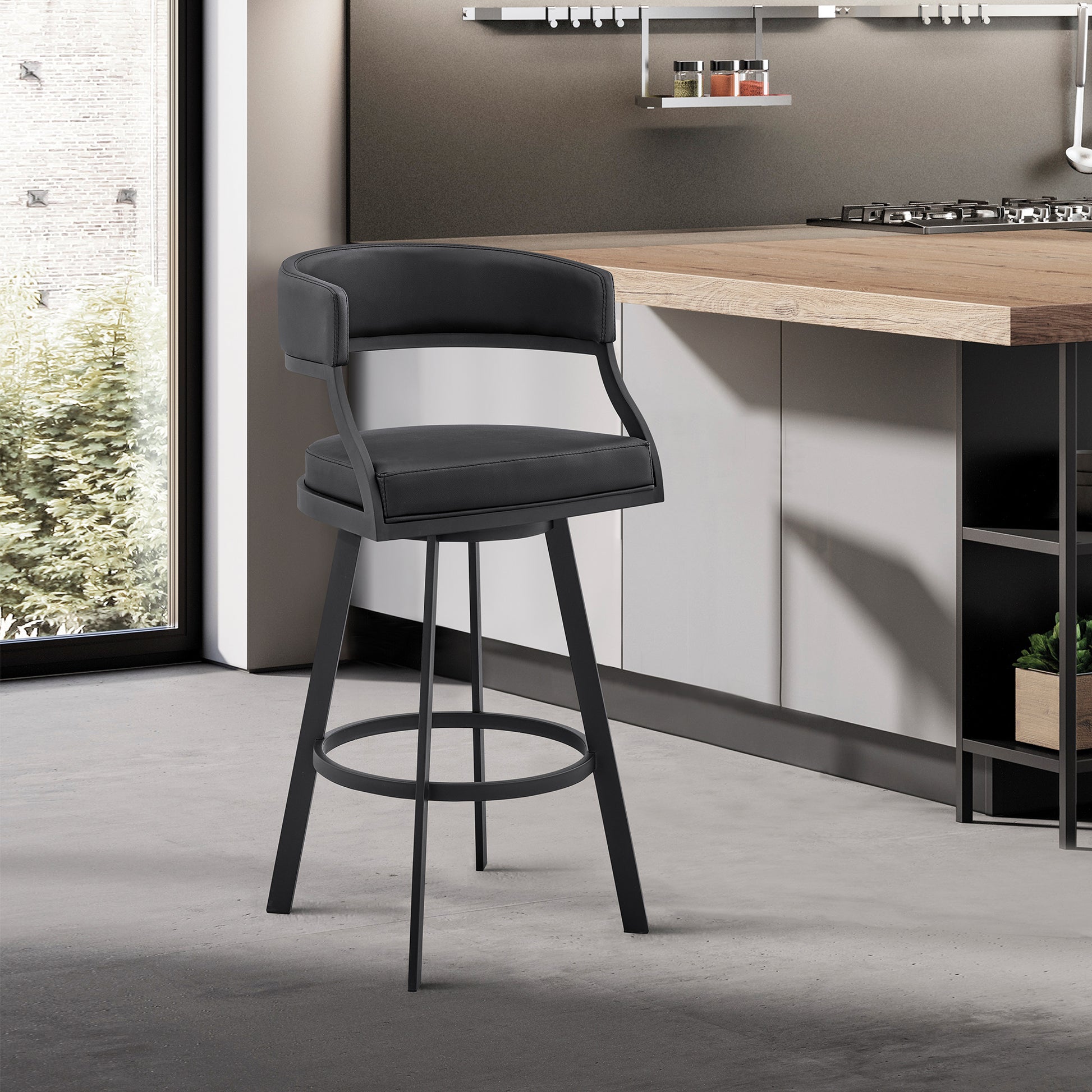 Saturn 26" Counter Height Swivel Black Faux Leather and Metal Bar Stool By Armen Living | Bar Stools | Modishstore