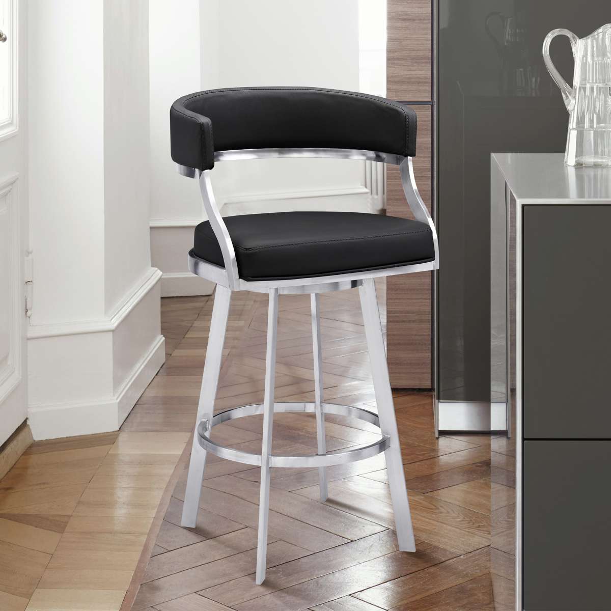 Saturn 26" Counter Height Swivel Black Faux Leather and Brushed Stainless Steel Bar Stool By Armen Living | Bar Stools |  Modishstore 