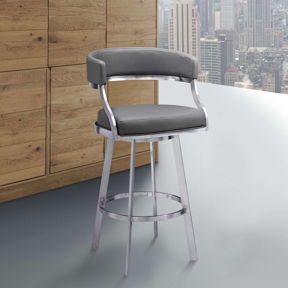 Saturn 26" Counter Height Swivel Grey Faux Leather and Brushed Stainless Steel Bar Stool By Armen Living | Bar Stools |  Modishstore 