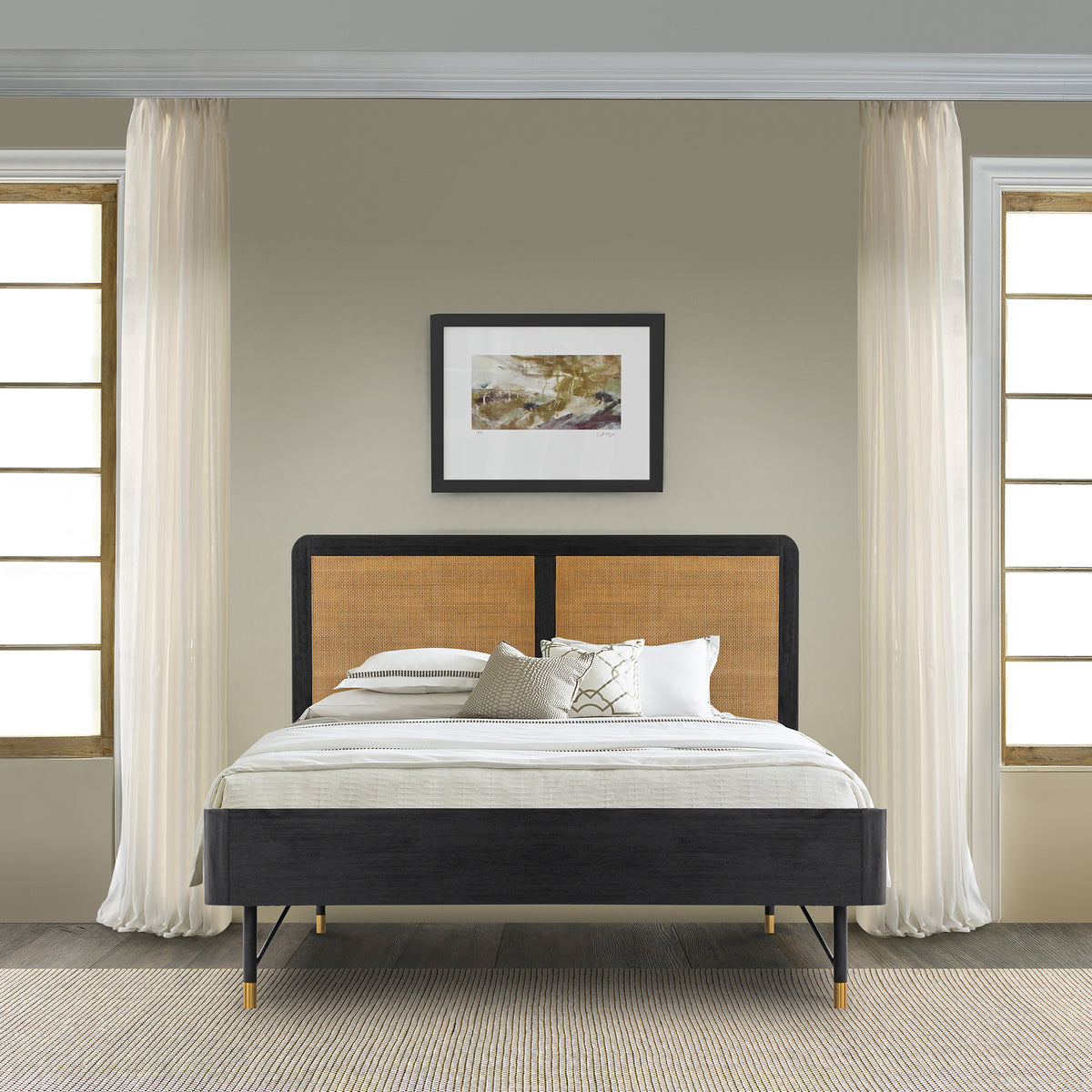 Saratoga Queen Platform Frame Bed in Black Acacia with Rattan Headboard By Armen Living | Beds | Modishstore