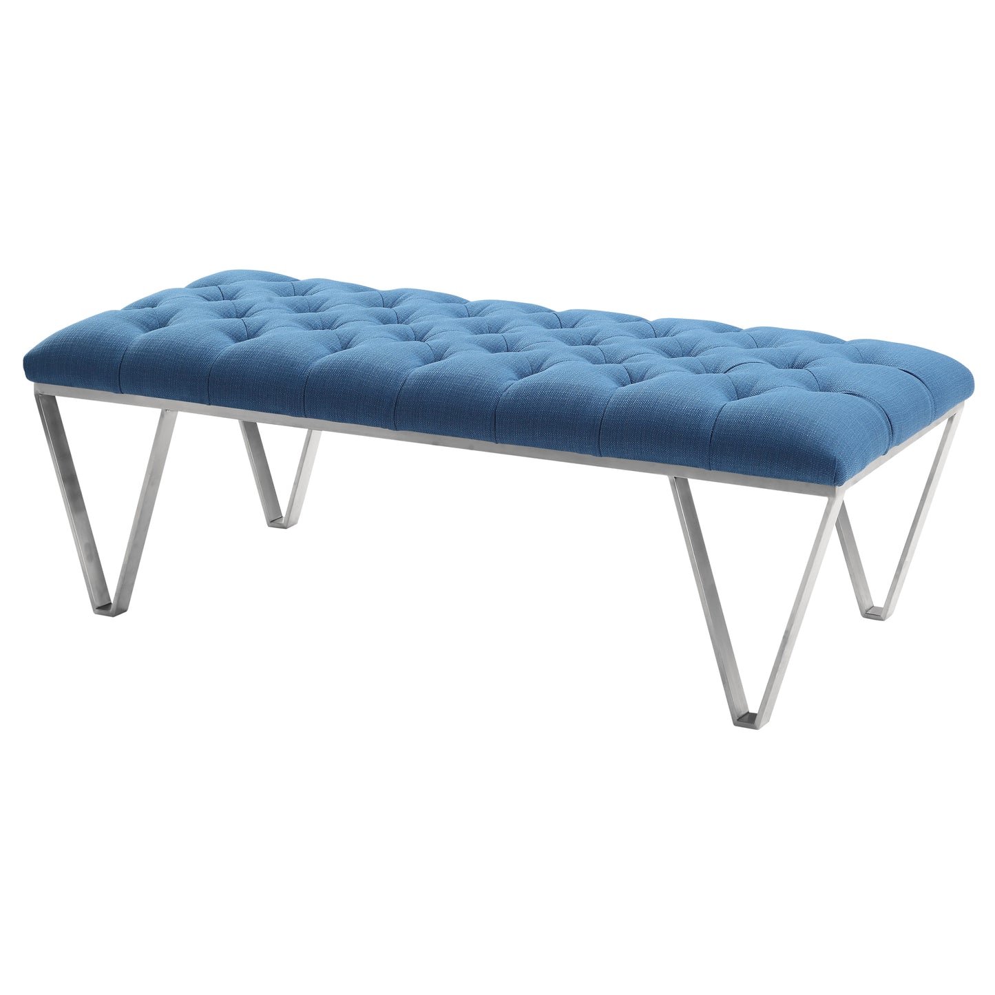 Serene Contemporary Tufted Bench in Brushed Stainless Steel with Blue Fabric By Armen Living | Benches | Modishstore - 2