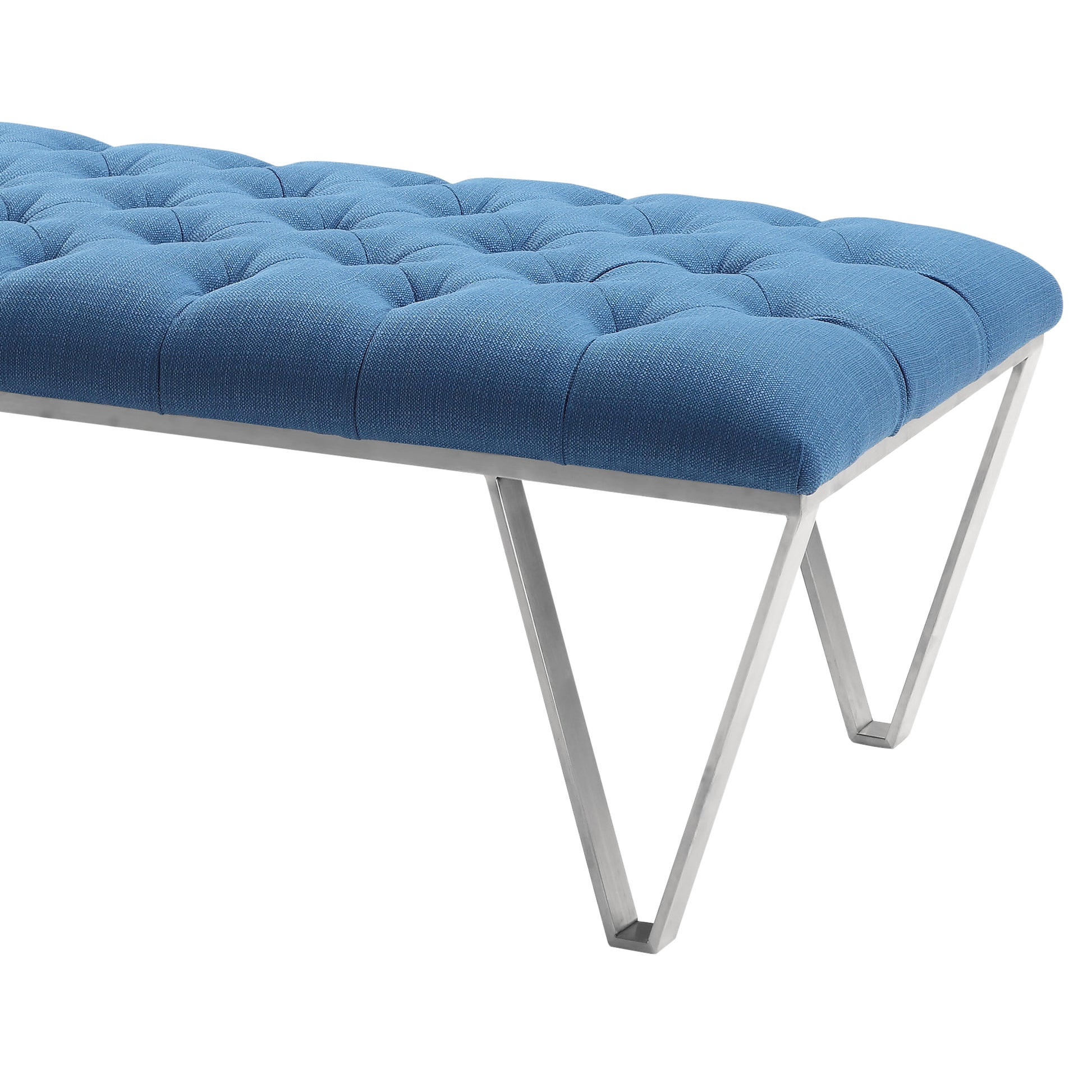 Serene Contemporary Tufted Bench in Brushed Stainless Steel with Blue Fabric By Armen Living | Benches | Modishstore - 3