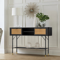 Saratoga Console Table in Black Acacia with Rattan By Armen Living