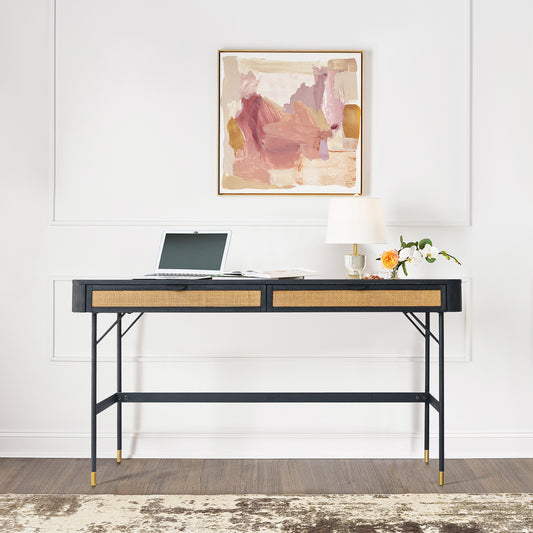 Saratoga 2 Drawer Desk in Black Acacia with Rattan By Armen Living | Desks | Modishstore
