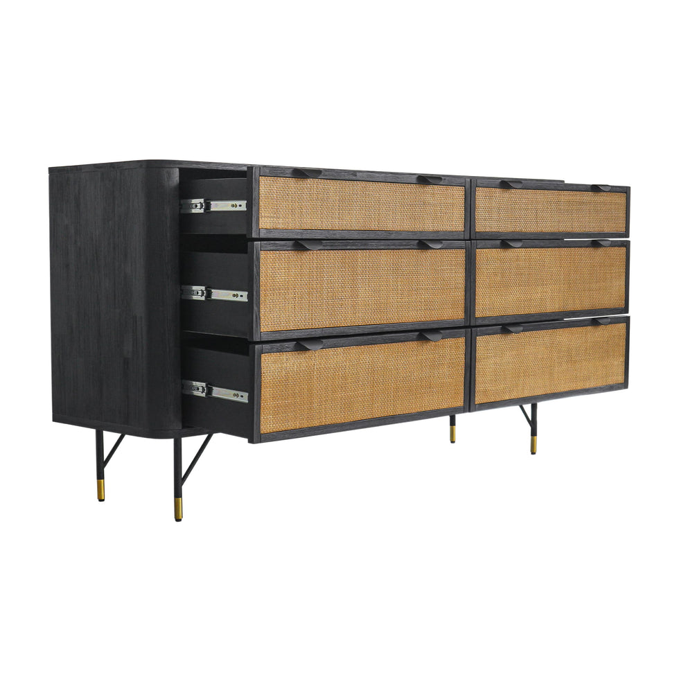 Saratoga 6 Drawer Dresser in Black Acacia with Rattan By Armen Living | Dressers | Modishstore - 5
