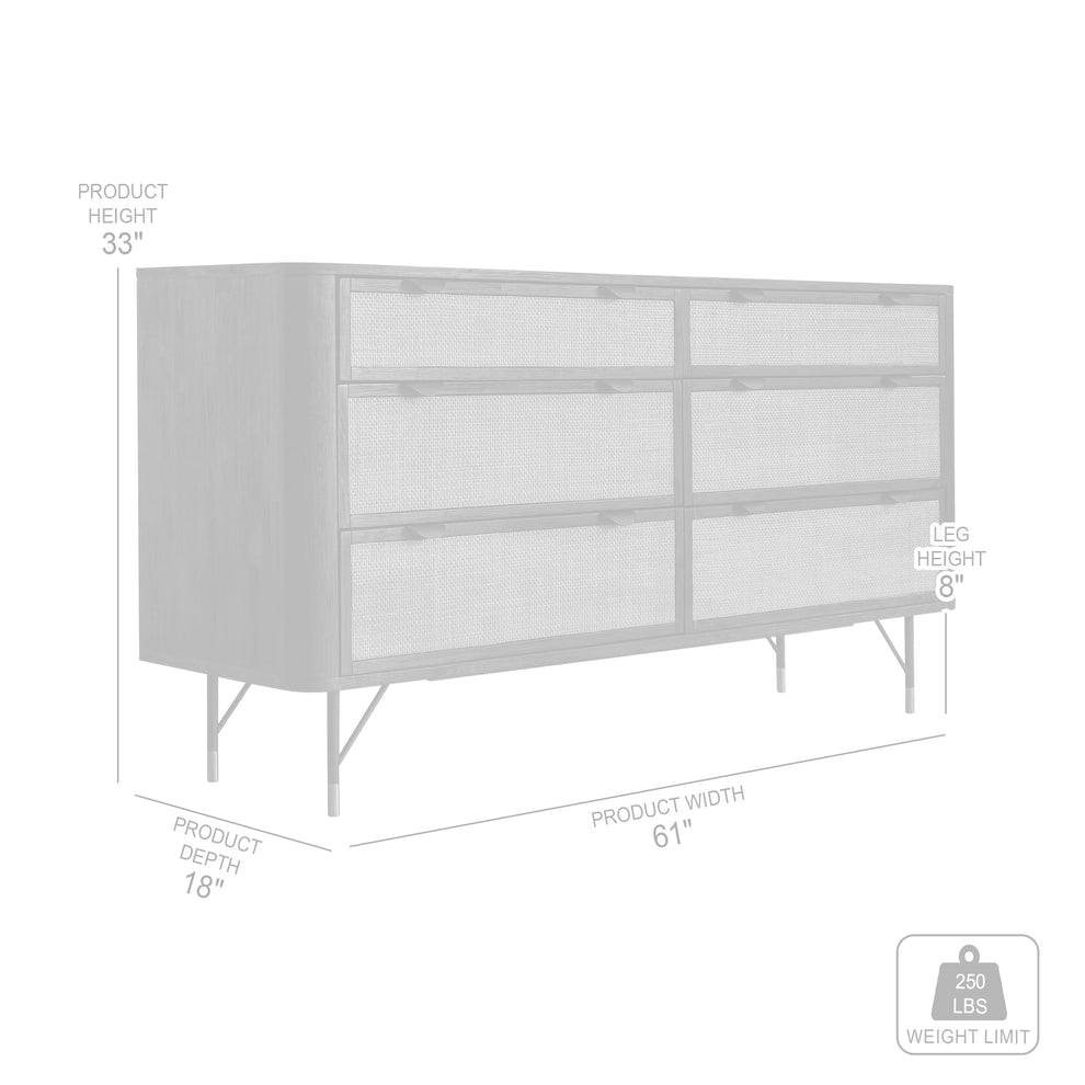 Saratoga 6 Drawer Dresser in Black Acacia with Rattan By Armen Living | Dressers | Modishstore - 8