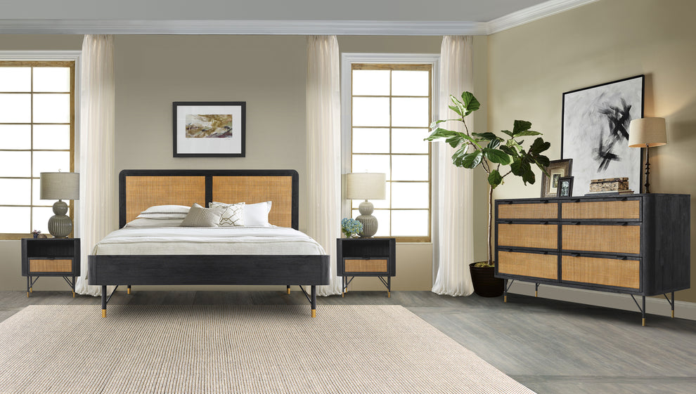 Saratoga 6 Drawer Dresser in Black Acacia with Rattan By Armen Living | Dressers | Modishstore - 3