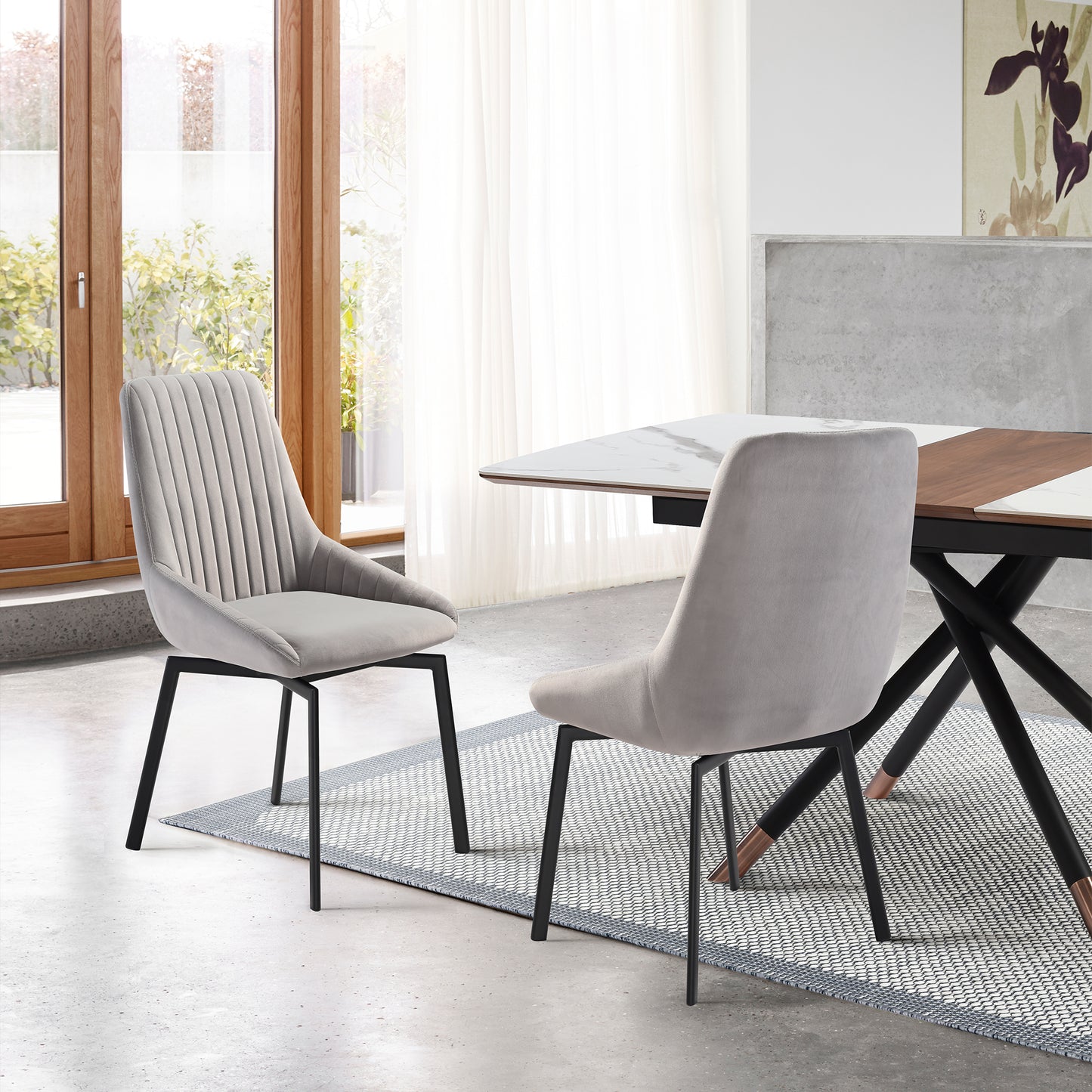 Susie Swivel Upholstered Dining Chair in Gray Fabric with Black Metal Legs - Set of 2 By Armen Living | Dining Chairs | Modishstore