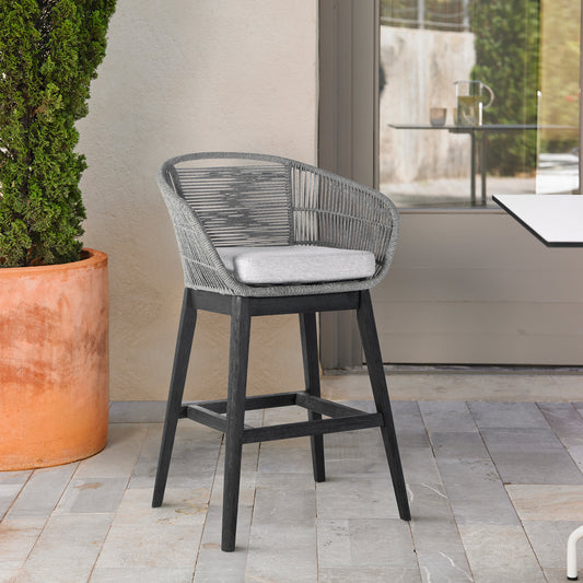 Tutti Frutti Indoor Outdoor Counter Height Bar Stool in Black Brushed Wood with Grey Rope By Armen Living | Bar Stools | Modishstore