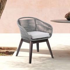 Tutti Frutti Indoor Outdoor Dining Chair in Dark Eucalyptus Wood with Latte Rope and Grey Cushions By Armen Living
