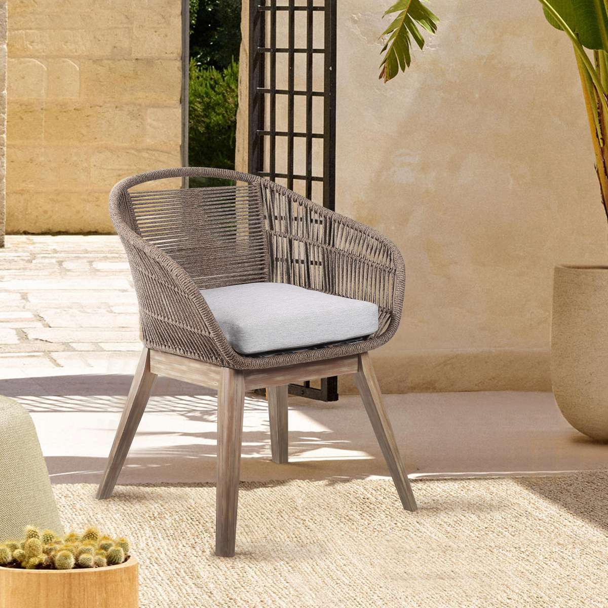 Tutti Frutti Indoor Outdoor Dining Chair in Dark Eucalyptus Wood with Latte Rope and Grey Cushions By Armen Living | Outdoor Chairs |  Modishstore  - 8
