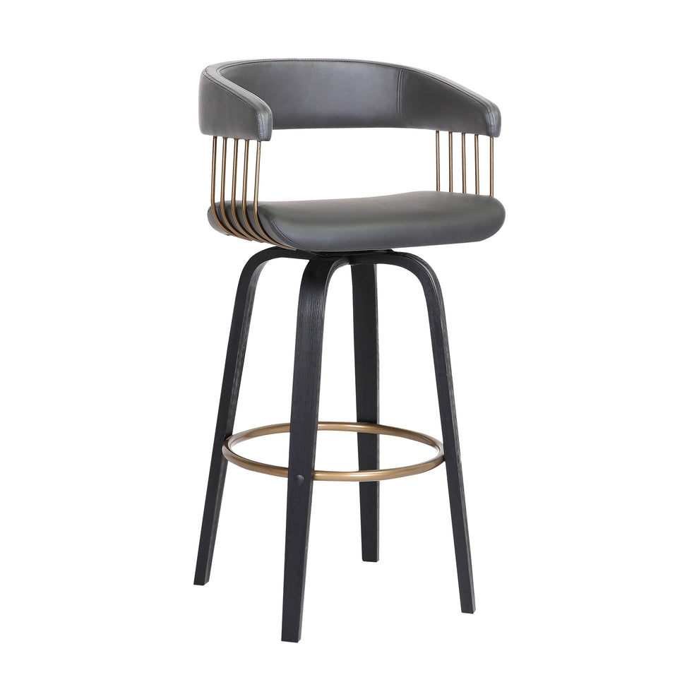 Topanga 26" Swivel Black Wood Counter Stool in Grey Faux Leather with Golden Bronze Metal By Armen Living | Counter Stools | Modishstore - 2